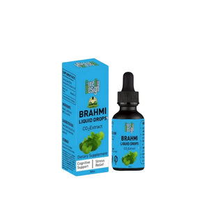 Brahmi liquid drops and packaging on a white background