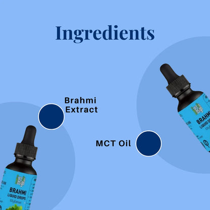 Brahmi Extract and MCT Oil dropper bottles on a blue background with 'Ingredients' text.