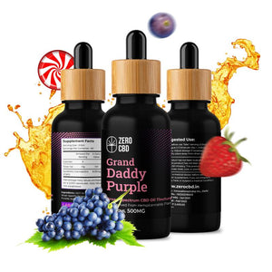 Grand Daddy Purple Zero CBD Tincture: 500mg Broad Spectrum CBD Oil (30ml) with flavour photos of strawberry, blueberry, lemon