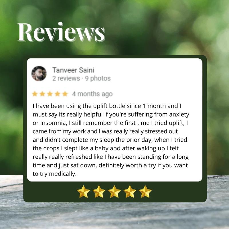 CBD Product review card with a five-star rating and text on a blurred natural background