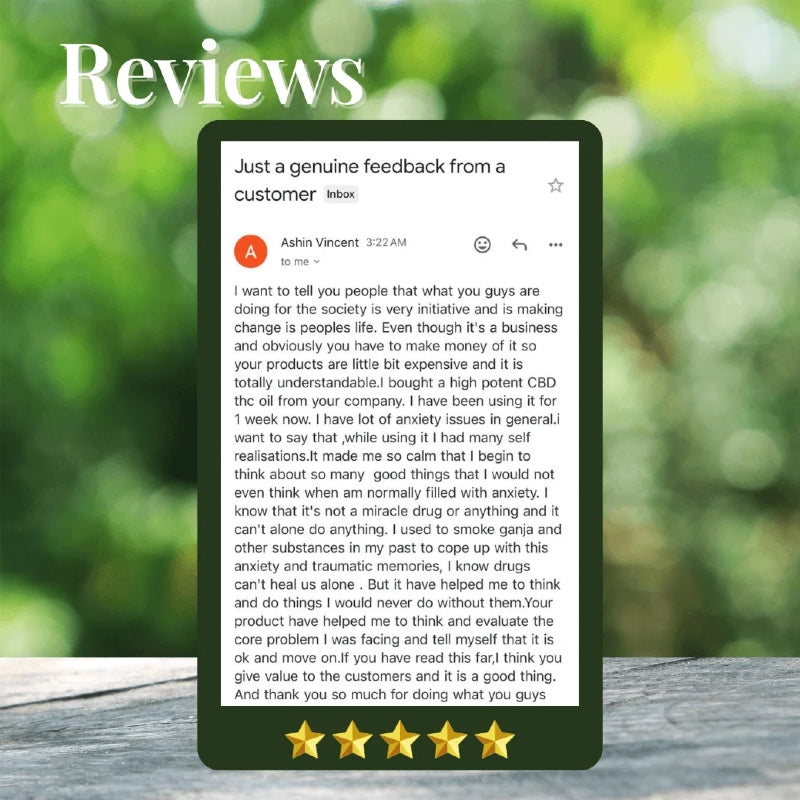 CBD Product Customer review on a digital device with a green blurred background