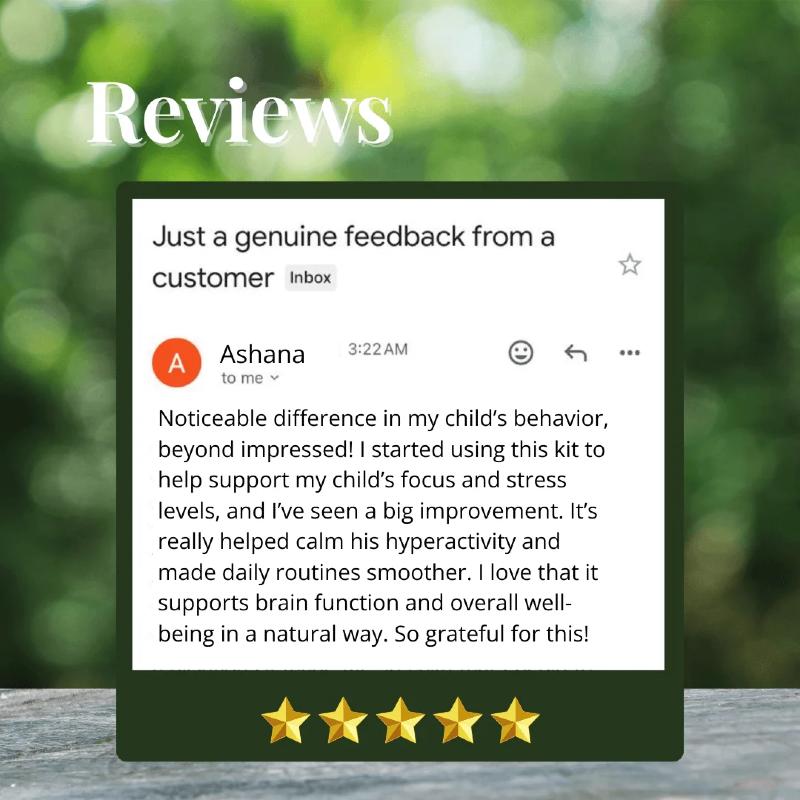 Product review from a customer with a star rating on a blurred green background