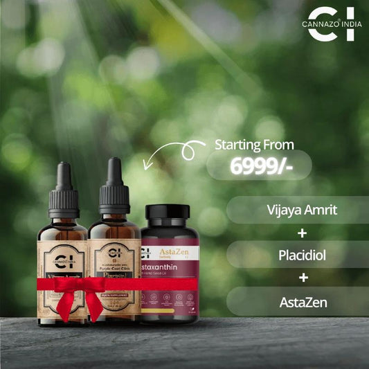 Three CBD Oil bottles with labels on a dark surface against a blurred green background, featuring Cannazo India branding.