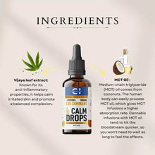 Load image into Gallery viewer, Graphic of Cannazo Vijaya leaf extract and MCT Oil with product bottles, listing their calming and absorption benefits.
