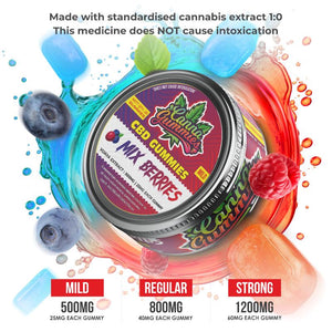 Round tin of mixed berry flavored CBD gummies, strong formula.