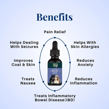 Bottle of a pet cbd oil supplement with benefits listed on a light blue background