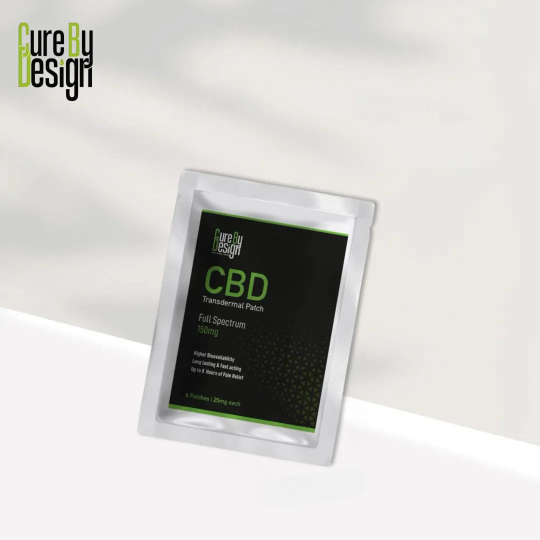 CBD patch packaging with 'Cure by Design' branding on a white background