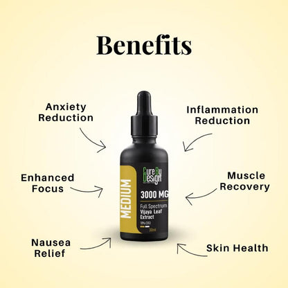Bottle of Cure By Design Medium Full Spectrum Vijaya Leaf Extract with labeled benefits on a beige background