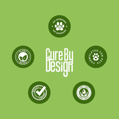 Green background with 'Cure By Design' logo and certification icons.