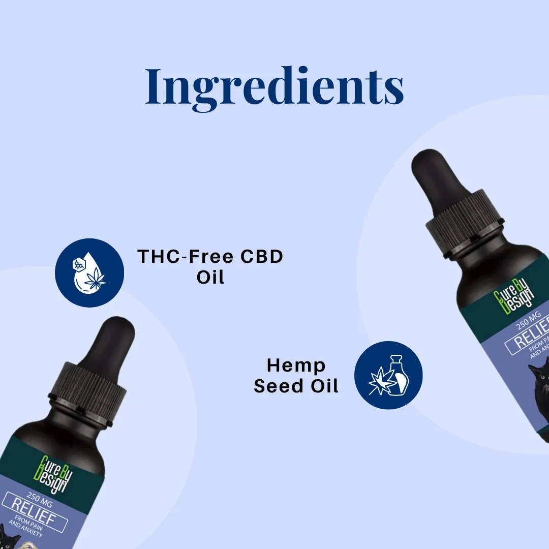 Bottles of THC-Free CBD Oil and Hemp Seed Oil with labels on a light blue background.