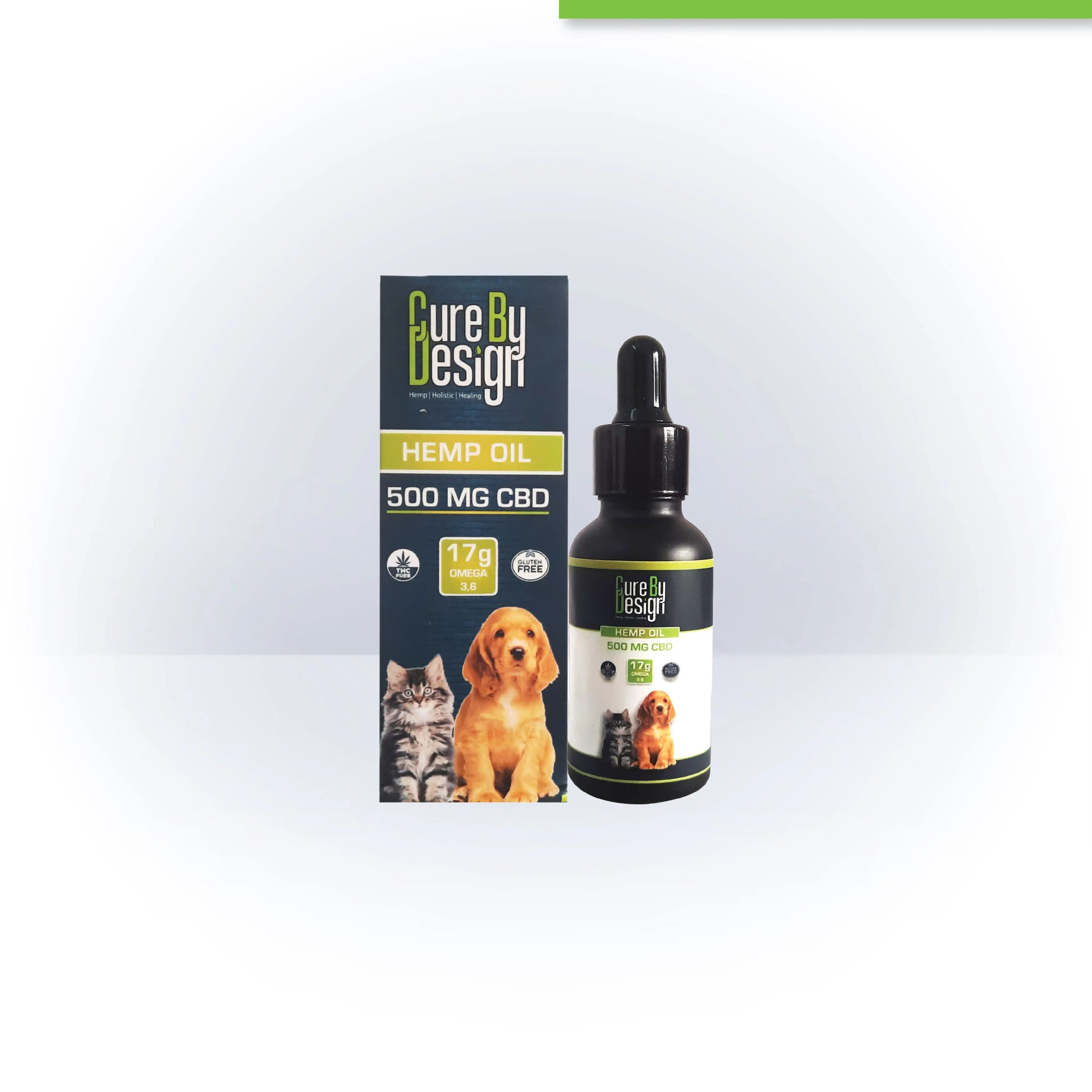 Cure By Design Pets CBD oil bottle and packaging on a white background
