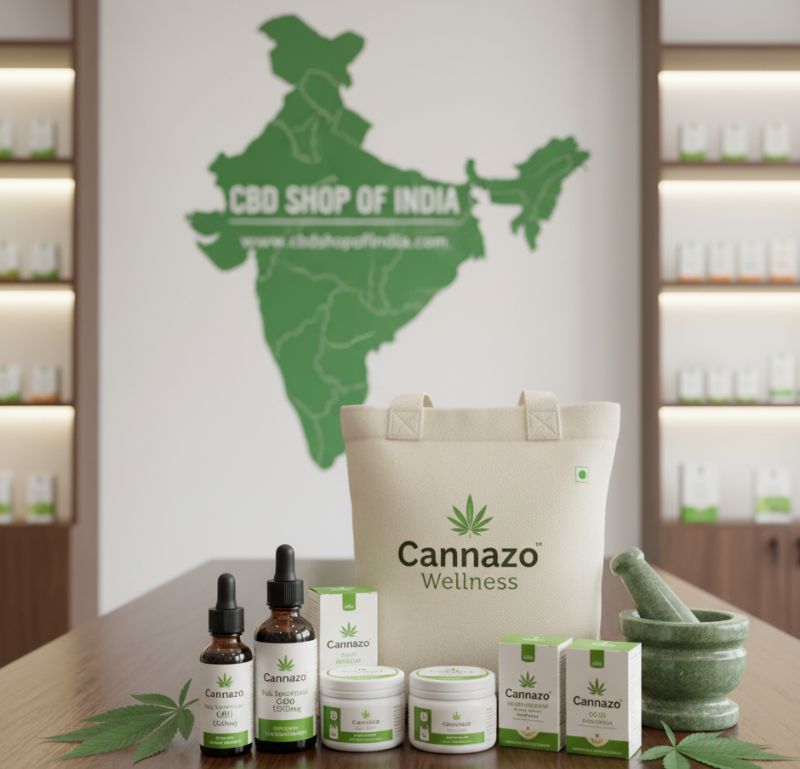 Cannazo Wellness products including bottles, boxes, and a bag on a table with a  cbd shop of india over the map of India in the background.