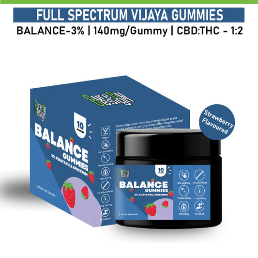 Full spectrum Vijaya gummies packaging with blue box and black jar on a white background