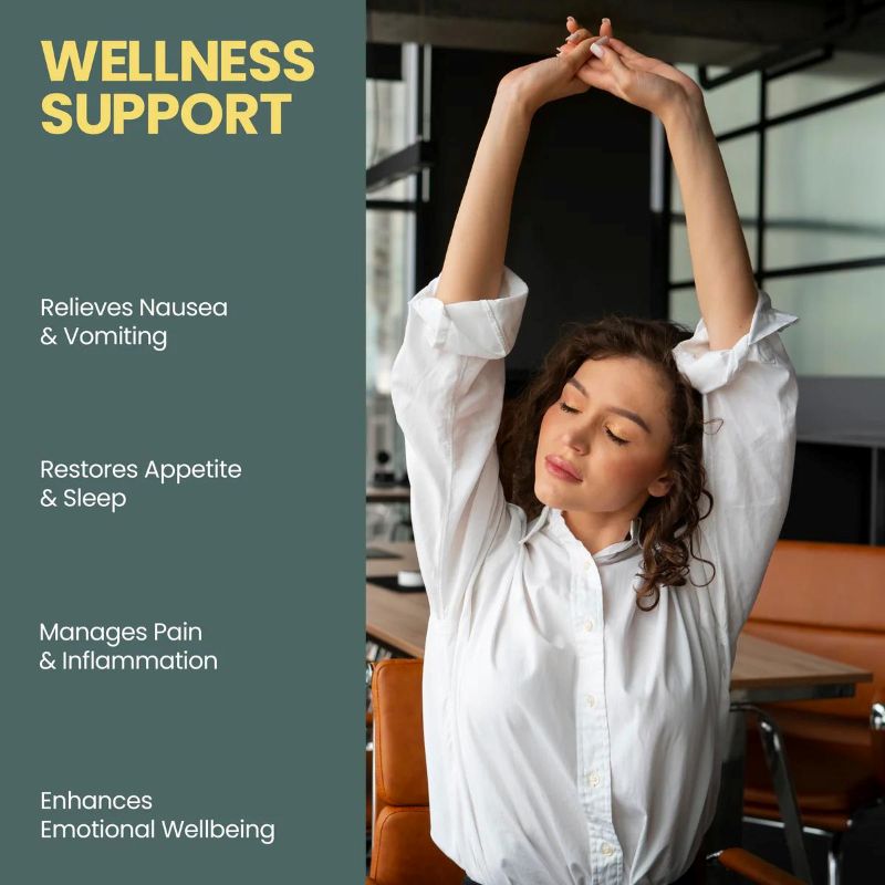 Woman stretching in a modern cafe with wellness support text on the side