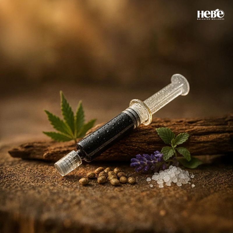 Syringe-like device with cannabis leaf and crystals on a wooden surface, featuring the brand 'Hepe'.