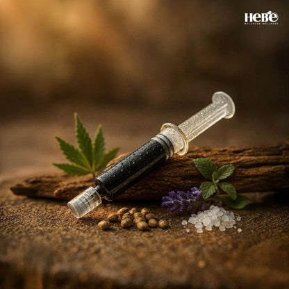 Syringe-like device with cannabis leaf and crystals on a wooden surface, featuring the brand 'Hepe'.