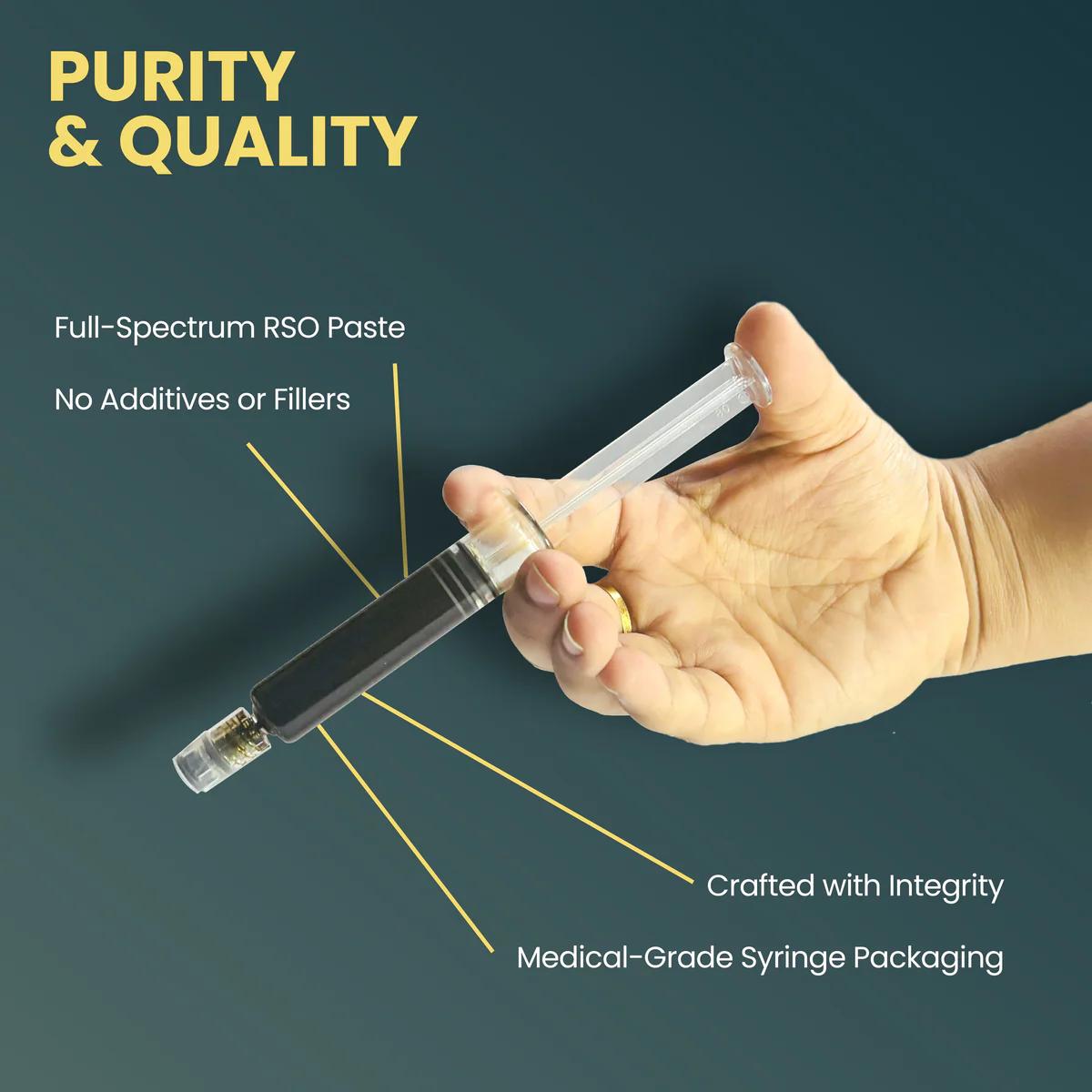Hand holding a medical-grade syringe with text about purity and quality on a dark background