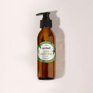 Amber bottle of CBD massage oil with pump dispenser on a light background.