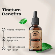 Load image into Gallery viewer, a bottle of full-spectrum cbd tincture on a green leaves, benefits listed as text.
