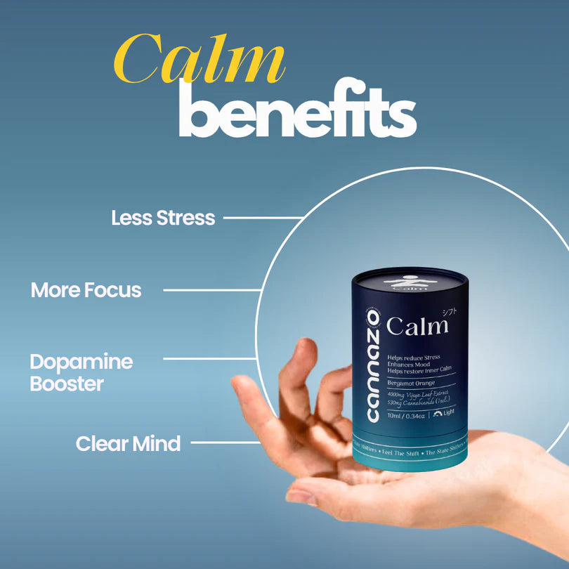A hand holding a can of Cannazo Calm drops against a blue gradient background with text highlighting benefits: Less Stress, More Focus, Dopamine Booster, and Clear Mind.
