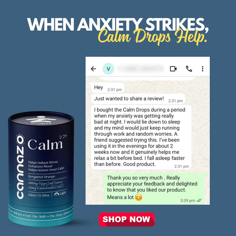 A can of Cannabis Calm CBD oil is shown next to a mockup of a customer review chat screenshot on a slate blue background, with the headline 'WHEN ANXIETY STRIKES, Calm Drops Help.' and a red 'SHOP NOW' button.