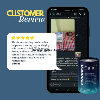 Customer review graphic for cannazo calm drops, featuring a smartphone showing a video call with a person holding a product box, a white review bubble with a five-star rating and customer testimonial, and a can of Cannazo Calm drops on a dark blue background.