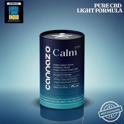 A cylindrical canister of Cannazo Calm Pure CBD Light Formula, featuring a dark navy blue and teal color scheme, set against a blue gradient background with promotional badges.