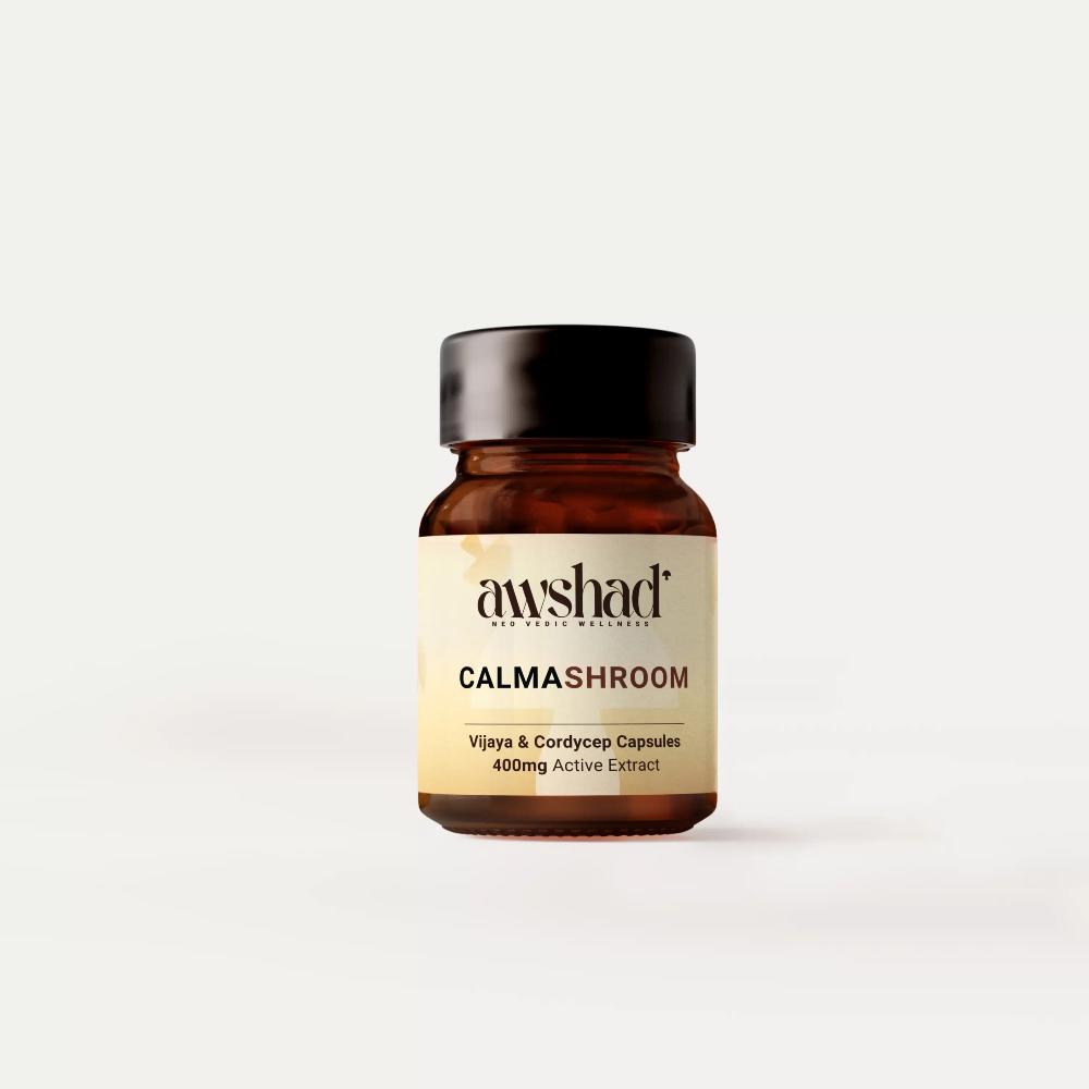 an image of a bottle of calmashroom capsules contains vijaya extract and cordiceps extracts.