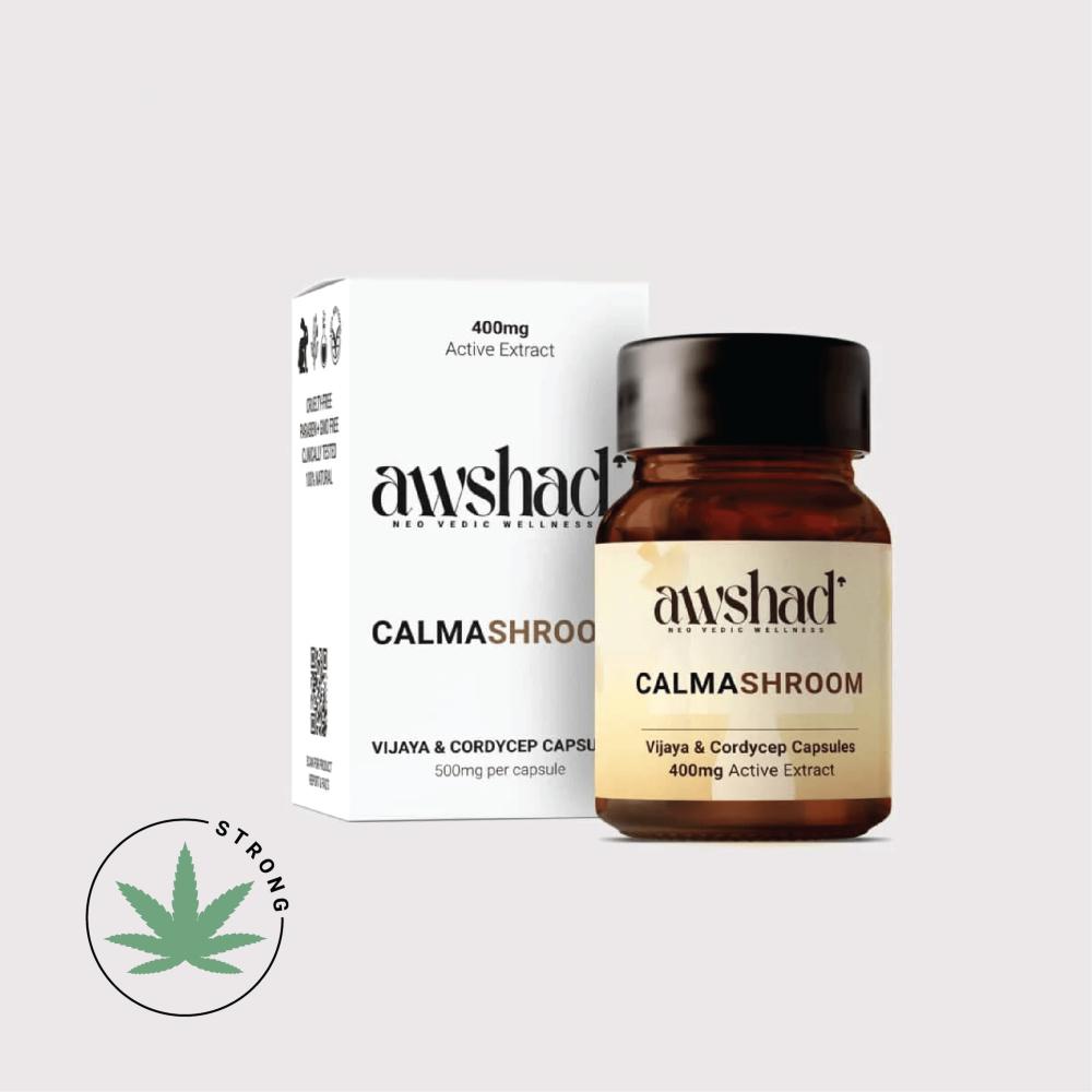 a bottle of cannabis and cordiceps extract capsules next to a box