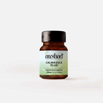 A brown bottle labeled "CALMASULE PLUS Vijaya Extract Capsules" against a white background.