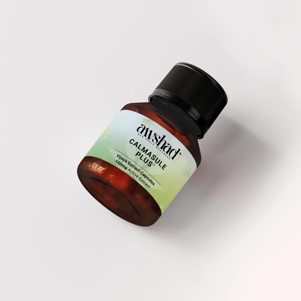 A brown bottle labeled "CALMASULE PLUS Vijaya Extract Capsules" against a white background.
