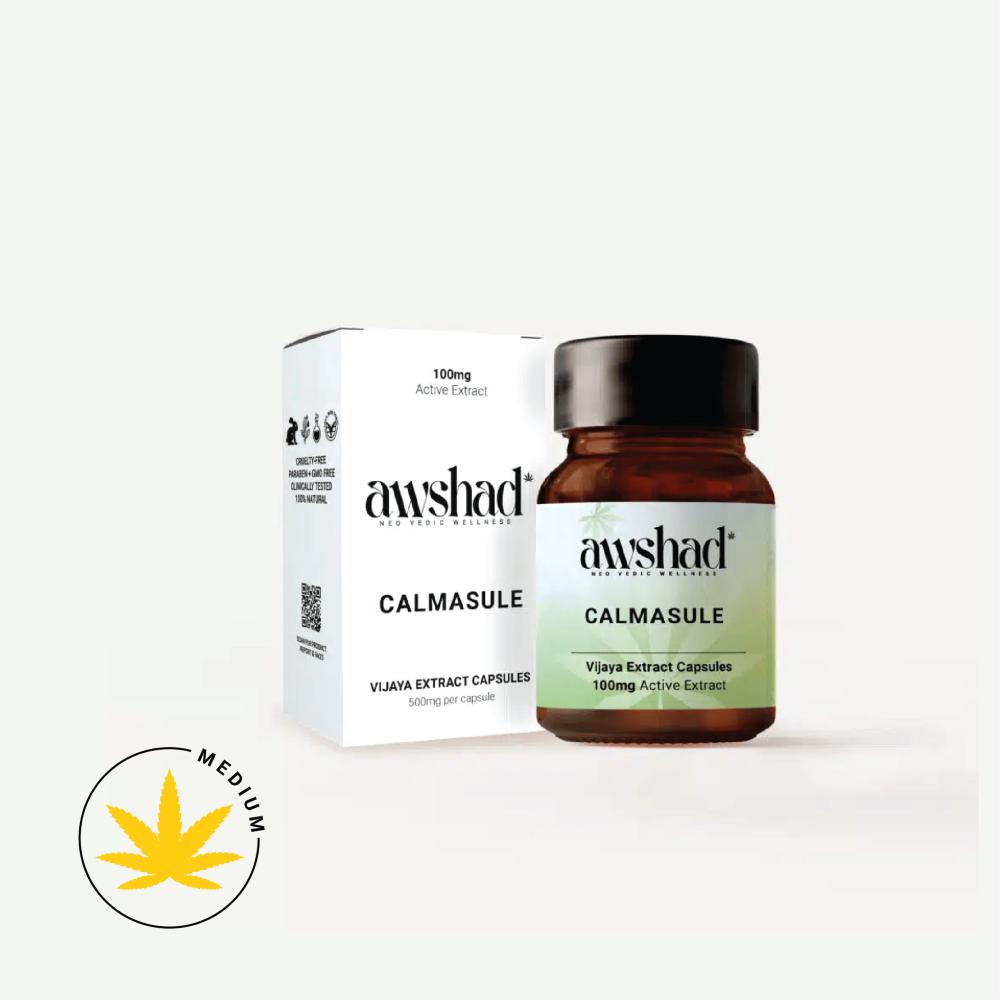 A product image showing a bottle of 'CALMASULE Vijaya Extract Capsules' next to its packaging.
