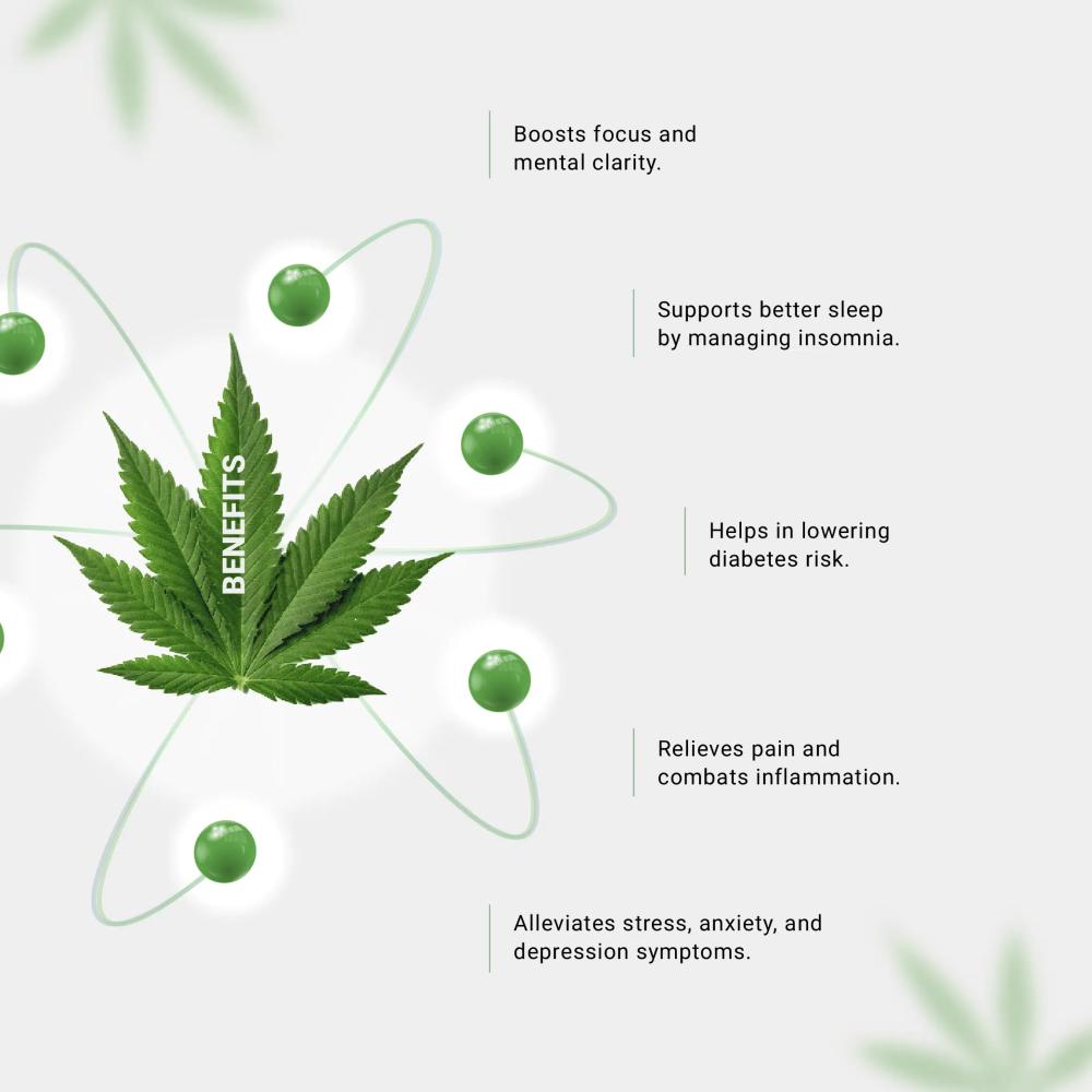 Infographic with a cannabis leaf at the center listing its benefits such as focus, sleep, pain relief, and stress management.