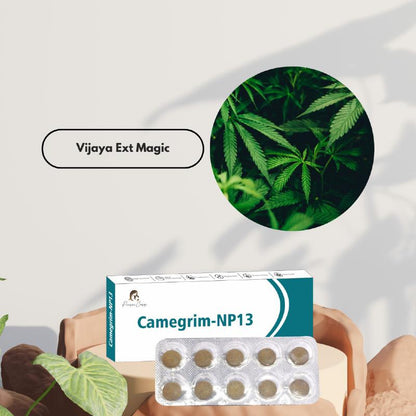 Box of Camegrim-NP13 tablets with circular inset of green leaves and text "Vijaya Ext Magic."