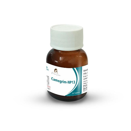 Brown plastic bottle with a white cap and label reading "Camegrim-NP13".