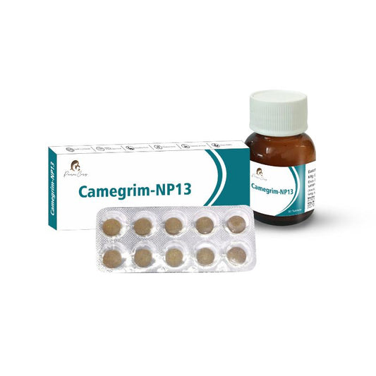 Camegrim-NP13 pharmaceutical packaging with box, medicine bottle, and blister pack of tablets.
