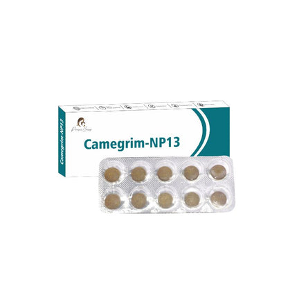 Blister pack of 10 pills in front of a box labeled "Camegrim-NP13."