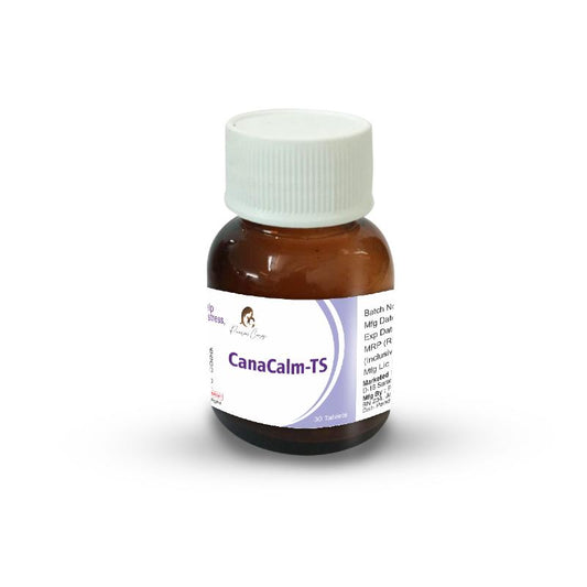 Amber bottle with white cap labeled "Cannacalm-TS" by Paarmi Cares.