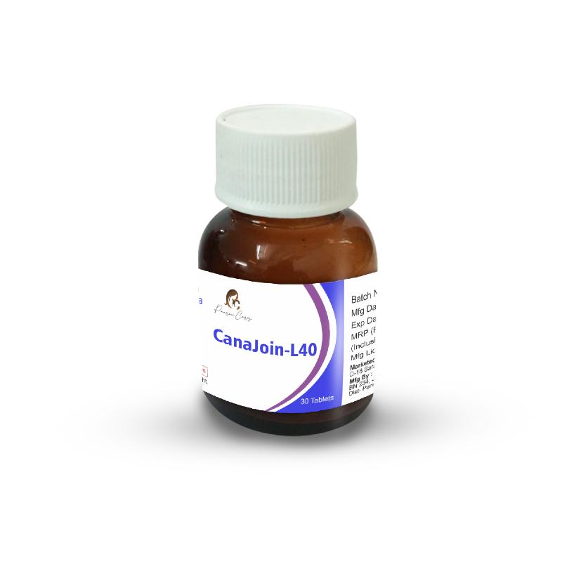 Brown medicine bottle with white cap and label reading "Paarmi Cares CanaJoin-L40, 30 Tablets".
