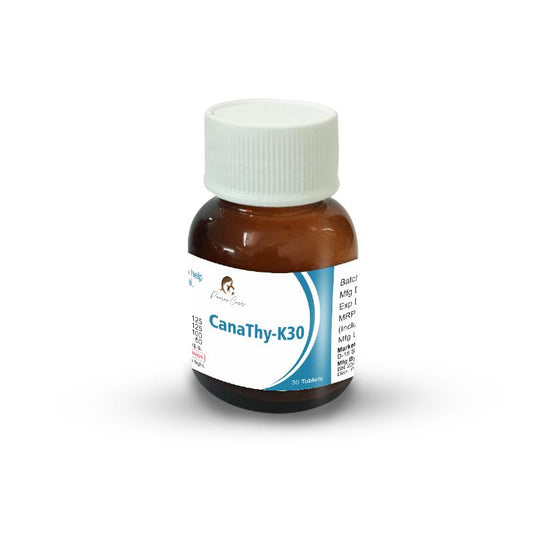 Amber-colored bottle with white cap labeled "CanaThy-K30" from Paarmi Cares.