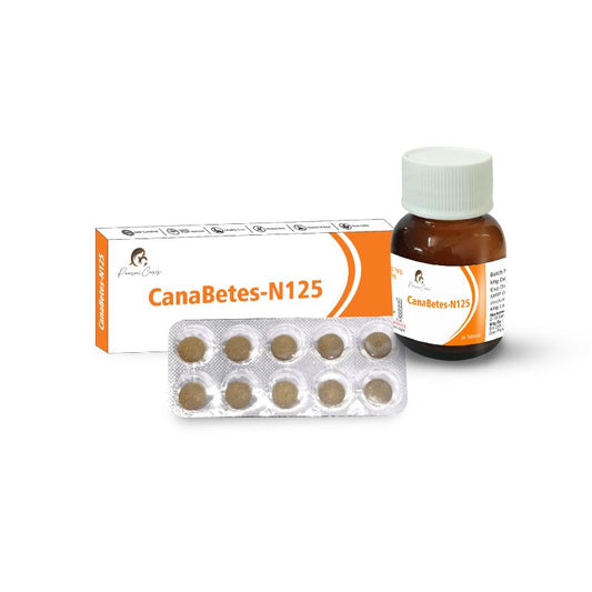 Medication product "CanaBetes-N125" with a box, bottle, and blister pack of tablets.