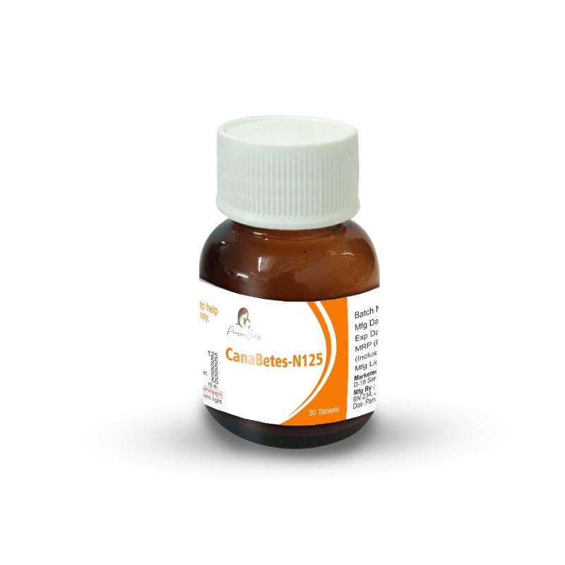 Brown medication bottle with a white cap and label reading "CanaBetes-N125."

