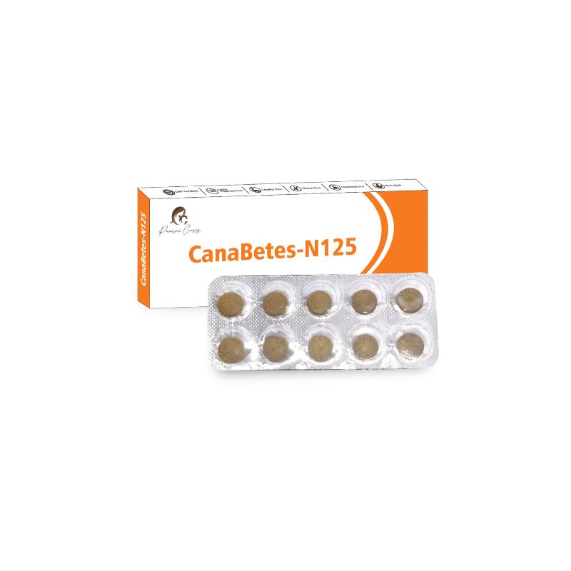 Box and blister pack of CanaBetes-N125 tablets.