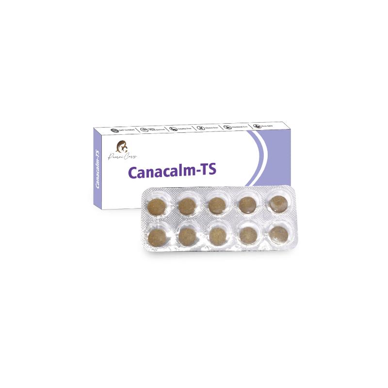 Blister pack of ten round brown tablets in front of an orange and white medication box labeled "Cannacalm-TS".