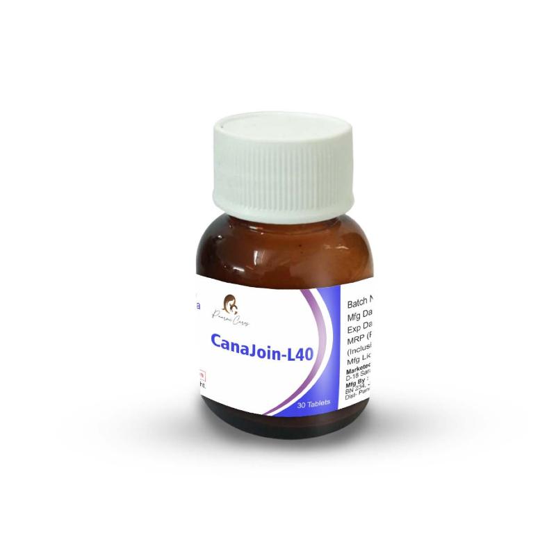 Amber pill bottle with a white cap and label, displaying the brand "Paarmi Cares" and product name "CanaJoin-L40."