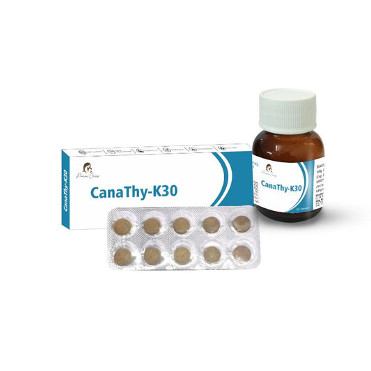  "Paarmi Cares CanaThy-K30 product packaging with a box, blister pack of tablets, and a brown bottle."