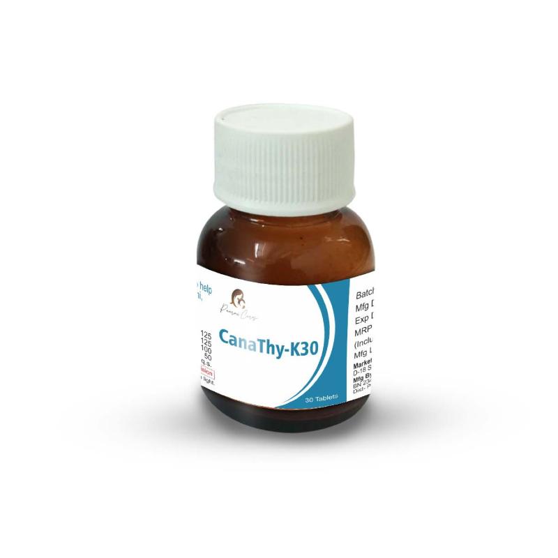 Small brown medicine bottle with a white cap and a label reading "CanaThy-K30" from the brand Paarmi Cares.