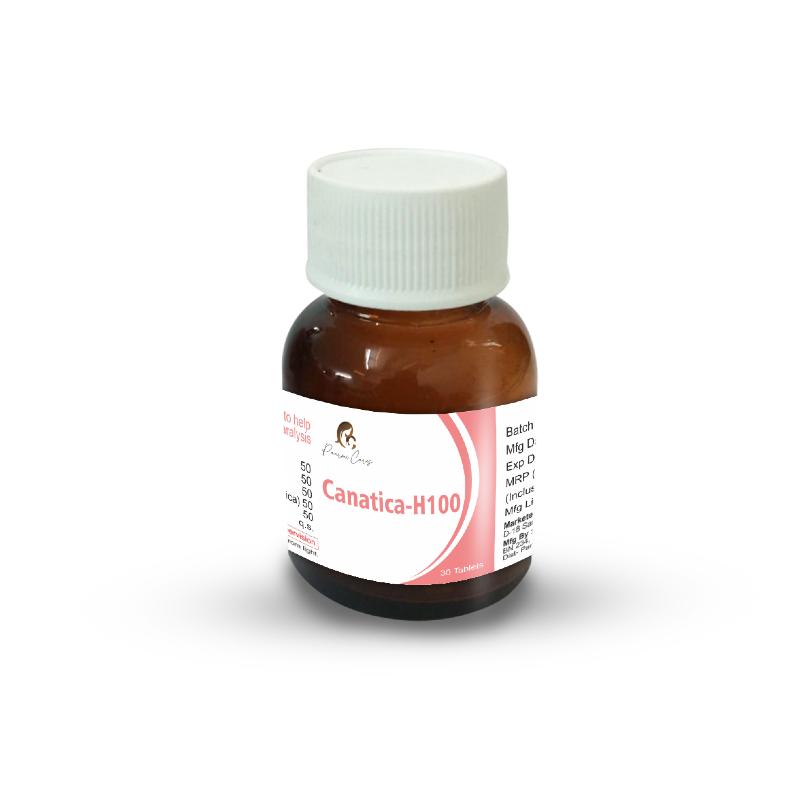 Opaque brown plastic bottle with a white cap and a label reading 'Canatica-H100' by 'Paarmi Cares.'