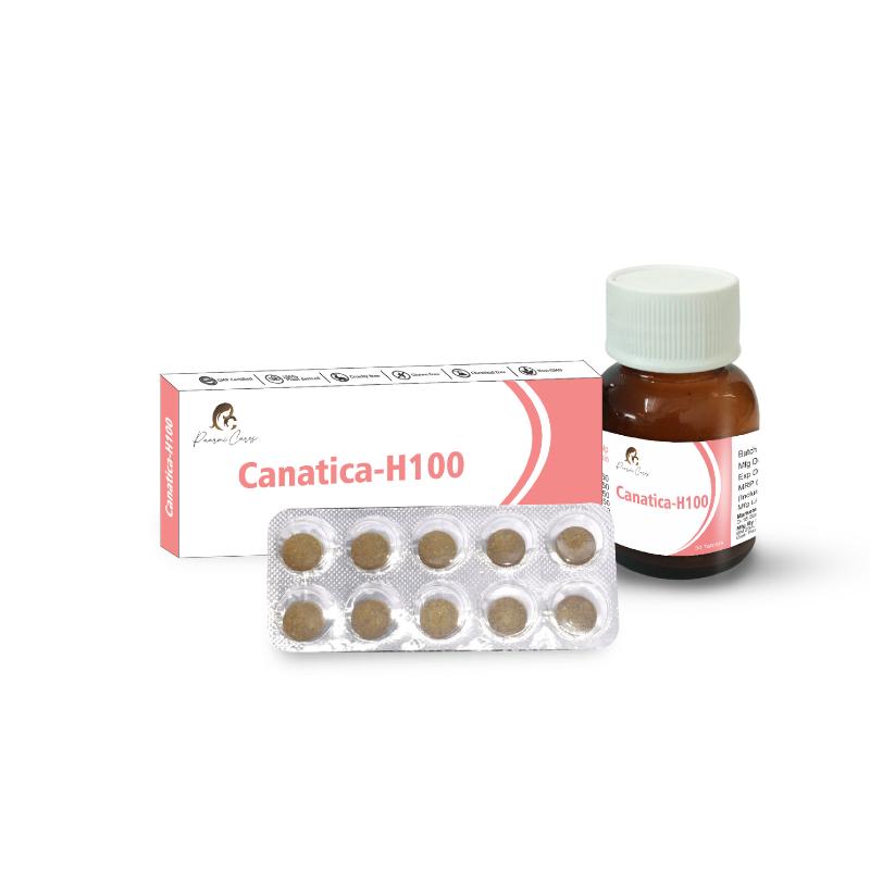 "Paarmi Cares Canatica-H100 medication with box, blister pack, and bottle."