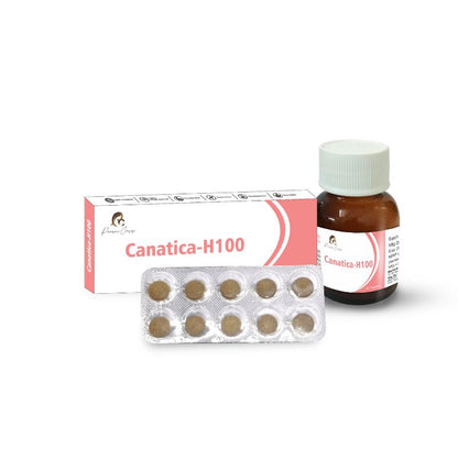 "Paarmi Cares Canatica-H100 medication with box, blister pack, and bottle."